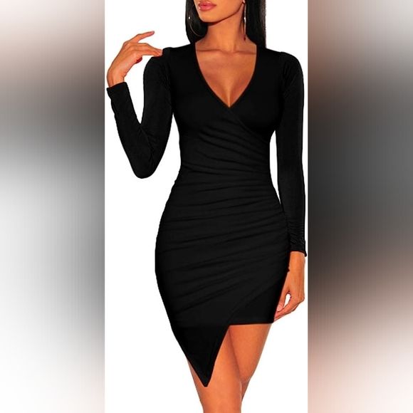 ZileZile Women's Sexy Bodycon Long Sleeve Ruched Deep V Neck Wrap Club M… - Picture 3 of 9